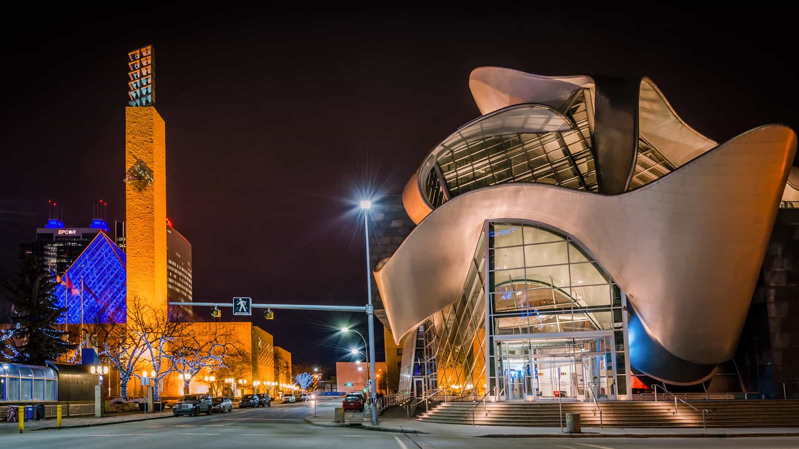 Downtown Edmonton at night featuring the Alberta Art Gallert