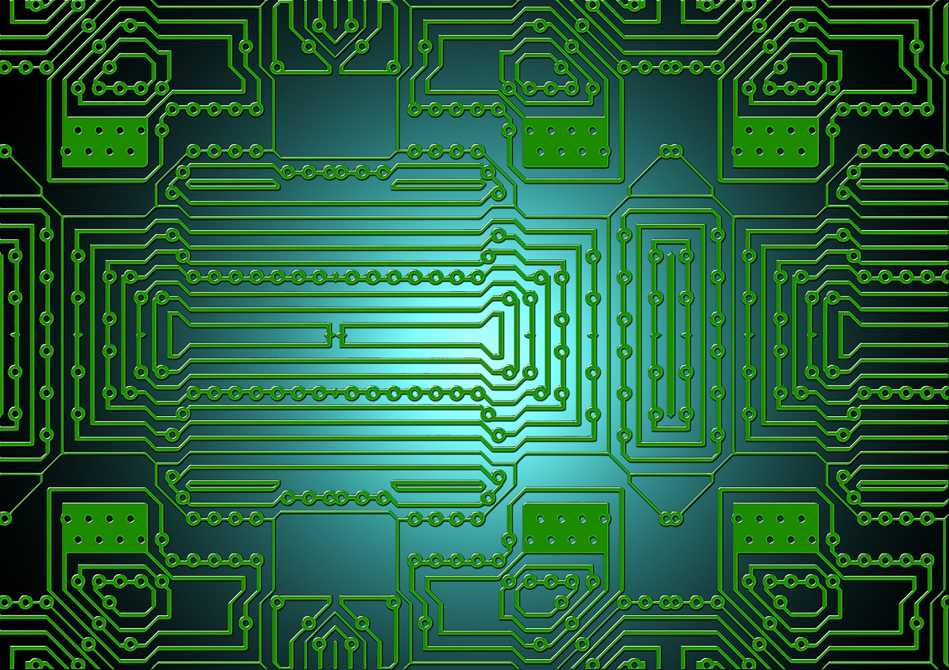 green circuit board conductors over a blue background