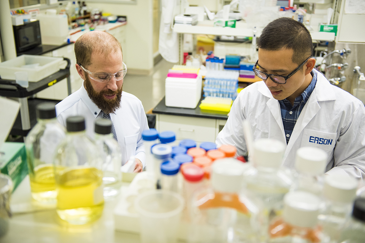 Professor Robert Campbell and one of his graduate students work in the lab at the University of Alberta's Faculty of Science. 