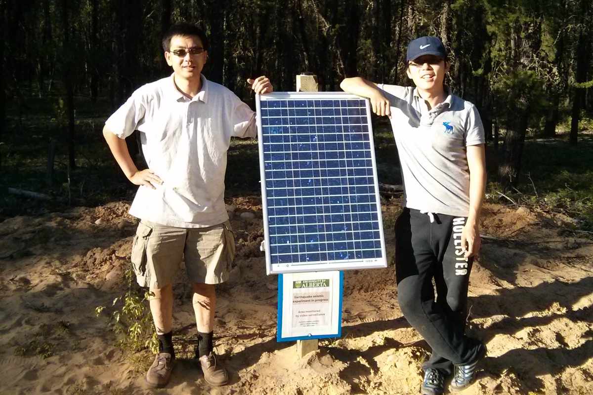 Jeffrey Gu (right) and Yunfeng Chen (left) are pictured here at a data collection site near Fort Mackay, Alberta. 